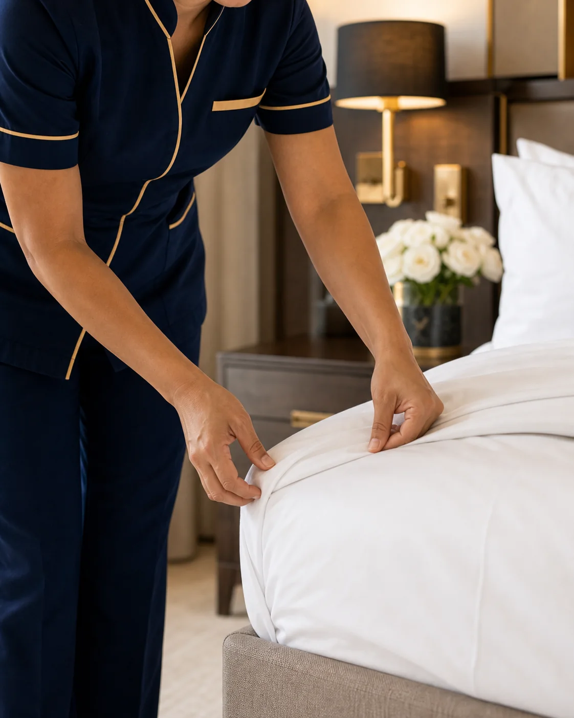 Housekeeper precisely preparing hotel bed linen