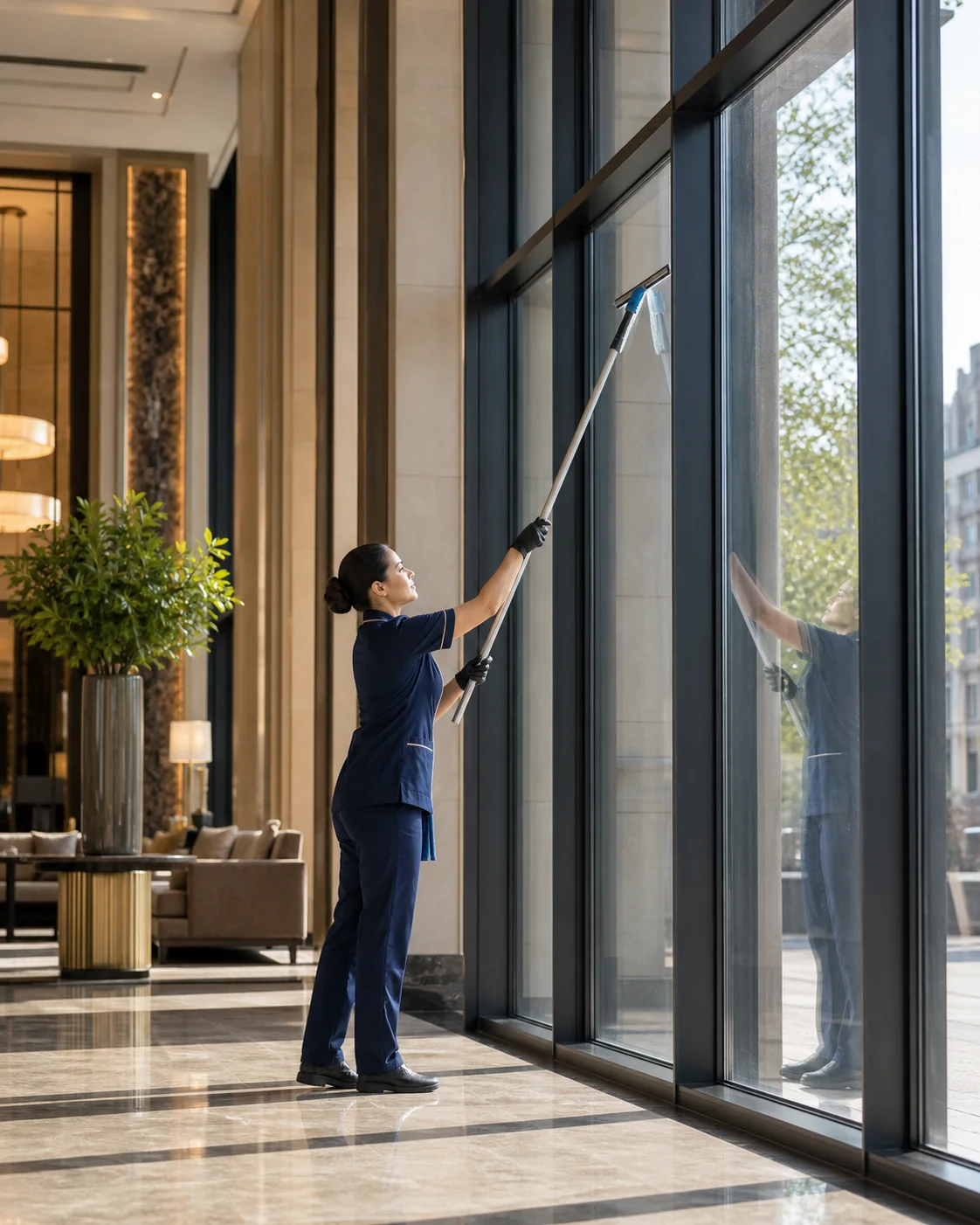 Professional cleaning hotel lobby windows
