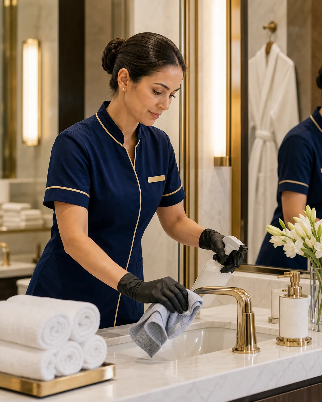 Professional cleaning a luxury hotel bathroom