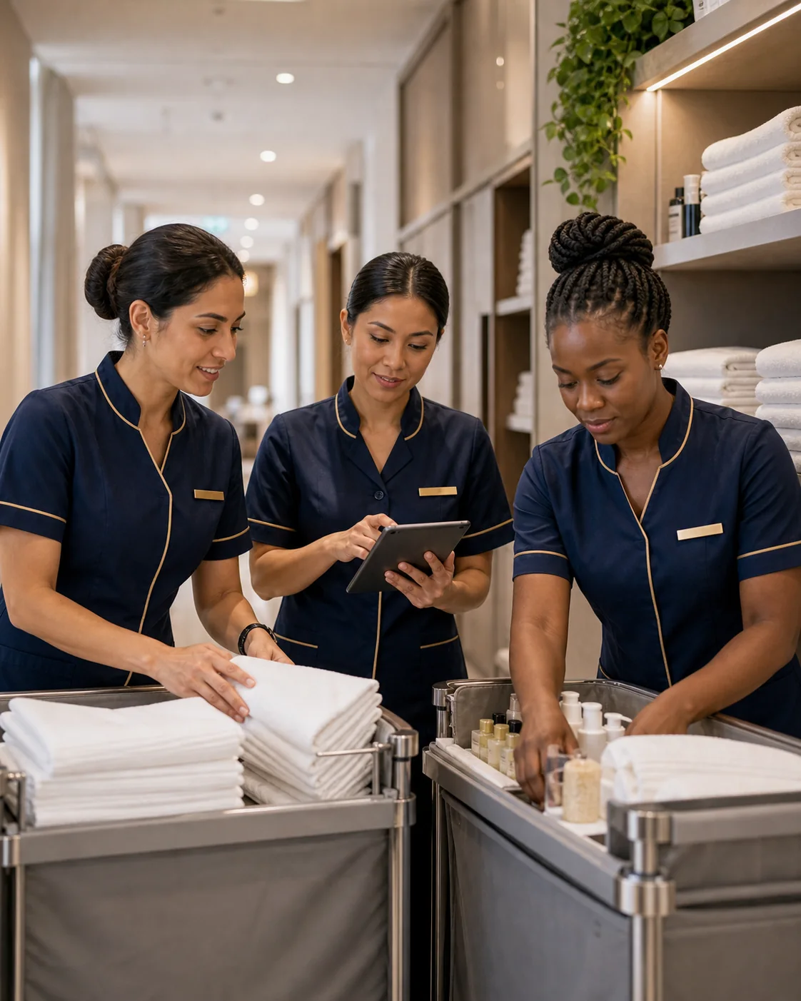 Hotel housekeeping colleagues preparing their trolleys