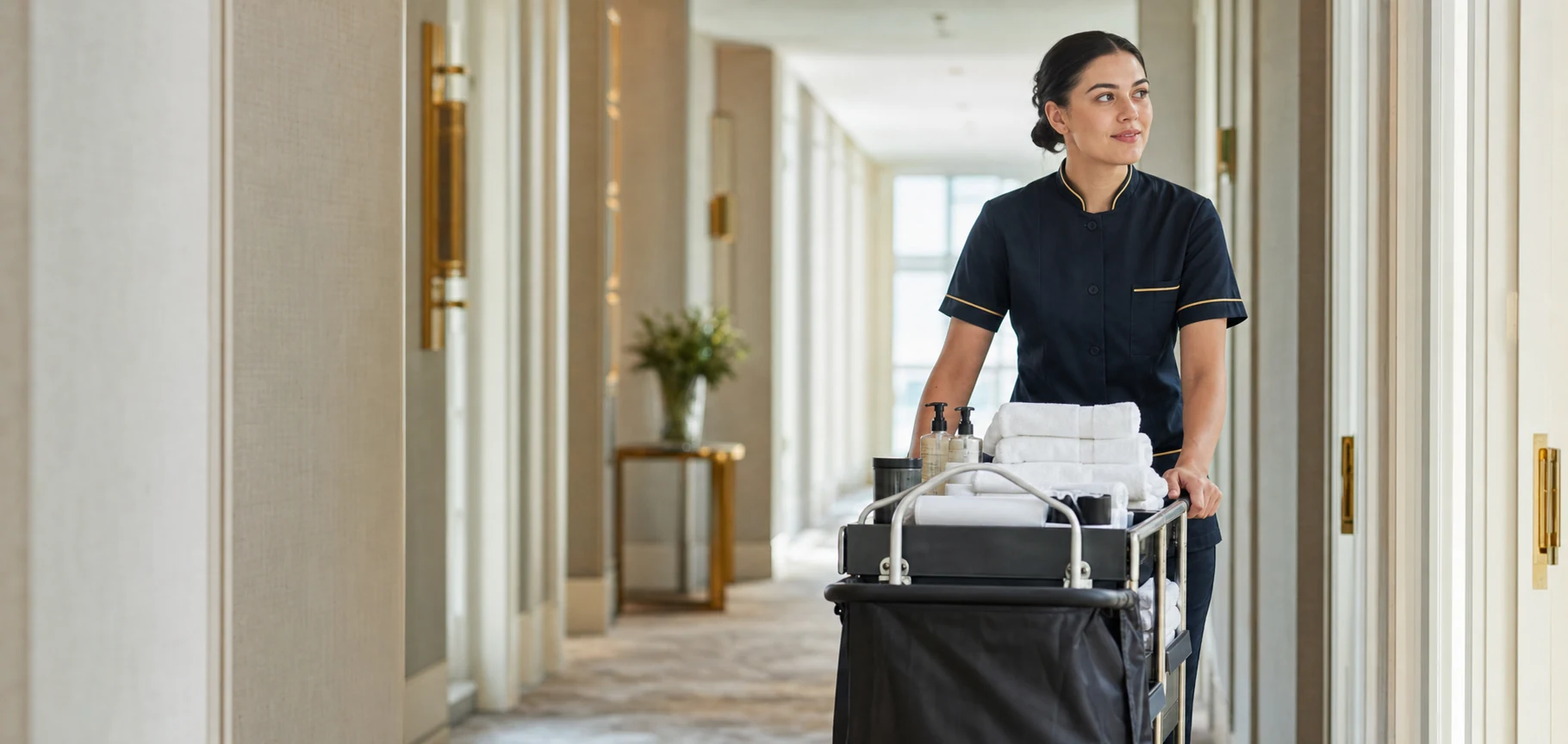 Housekeeper making hotel bed