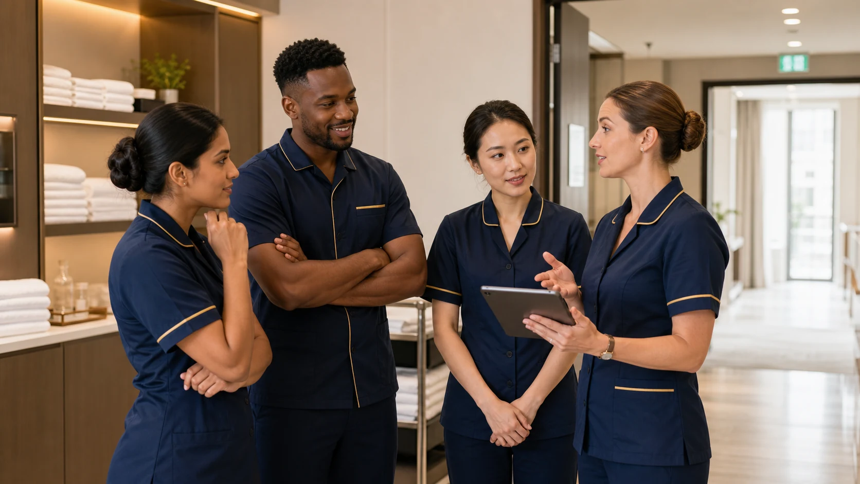 Professional hotel housekeeping team briefing